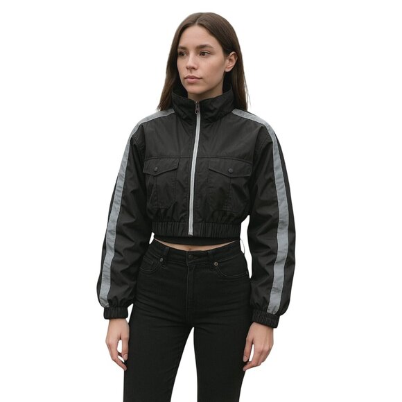 Cest Toi Cropped Black Nylon Jacket With Reflective Stripes & Zippered Front M - Picture 1 of 15